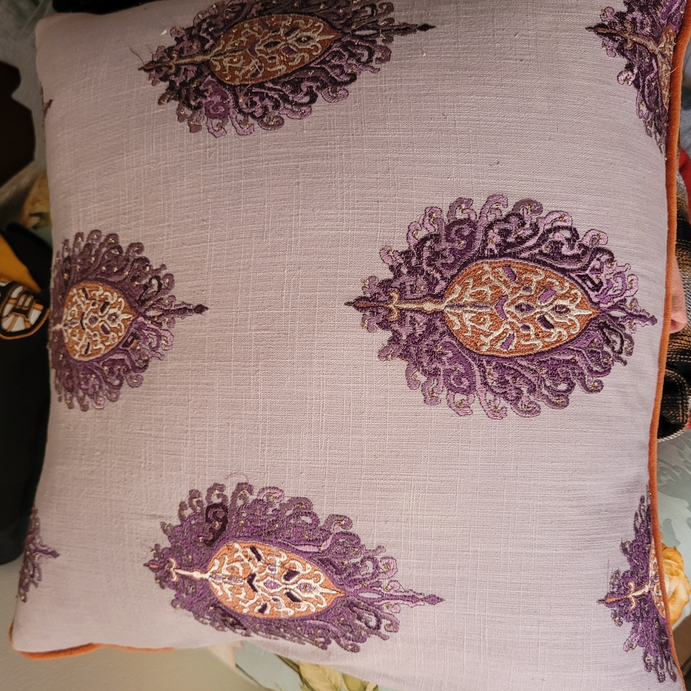 Embroidered Purple and Orange Accent Pillow